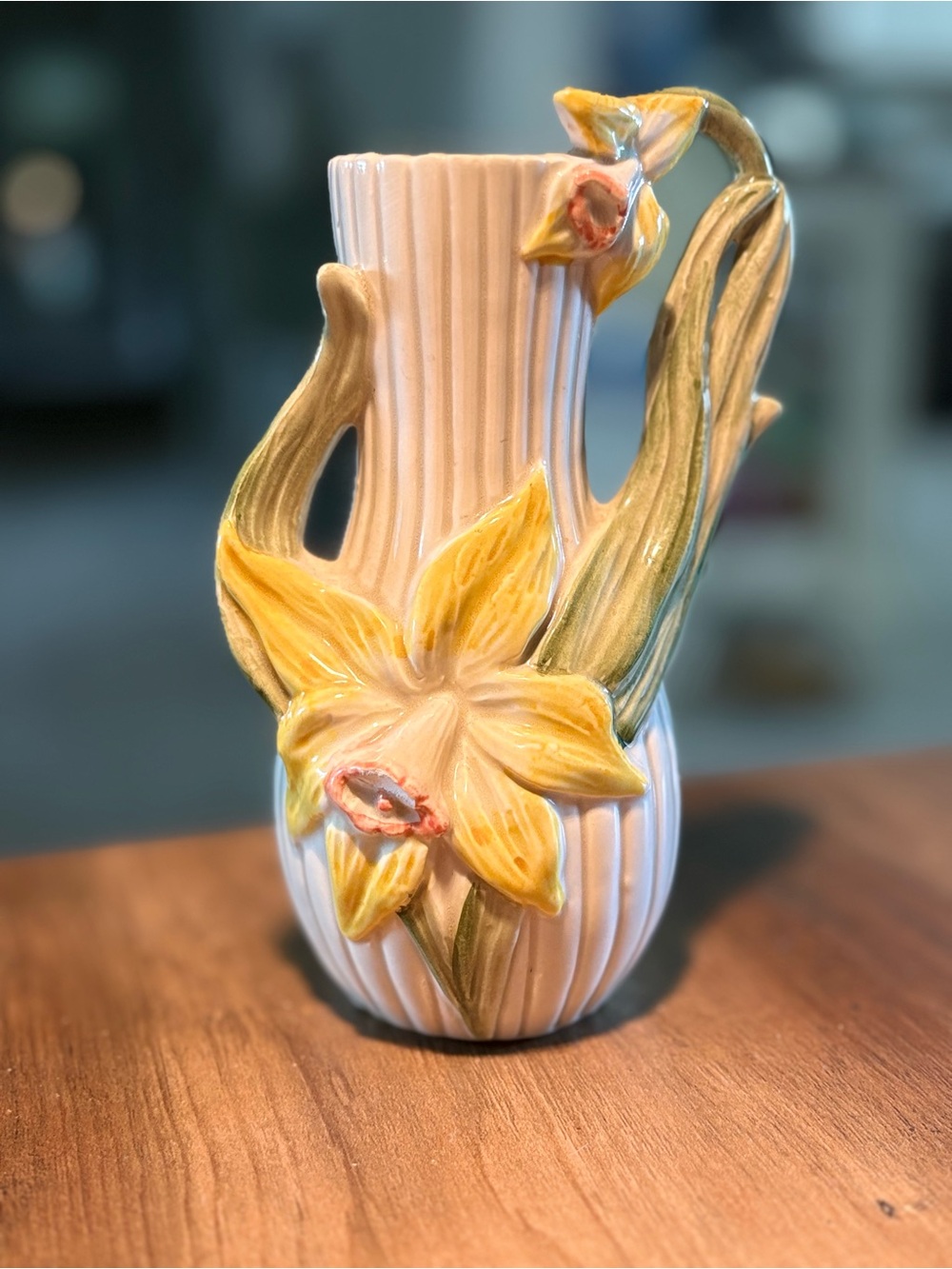 Vintage 1970s Fitz & Floyd Japan Daffodil Flower Vase Ceramic Applied Floral FF